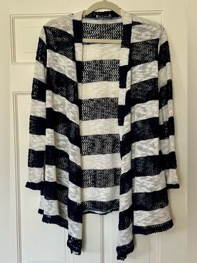 Retro Threads Striped Open-Front Women's Cardigan Navy White Long Sleeve Open L